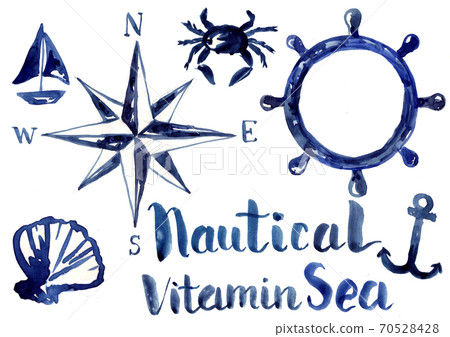 Nautical elements, blue watercolor illustration. Greeting card decoration. Nautical elements, blue watercolor illustration. Greeting card decoration. 70528428