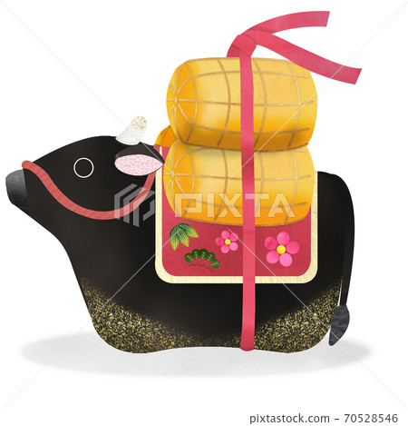 一年一度的日本紙粘貼圖片風格黑毛日本牛鈴和米飯袋切插圖 70528546