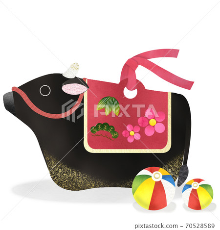 Year of the Ox Japanese paper pasted picture style Japanese black beef clay bell and paper balloon cut illustration Year of the Ox Japanese paper pasted picture style Japanese black beef clay bell and paper balloon cut illustration 70528589