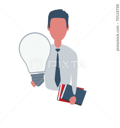 Businessman or clerk holds a light bulb and a book. Male character in simple style with objects Businessman or clerk holds a light bulb and a book. Male character in simple style with objects 70528798