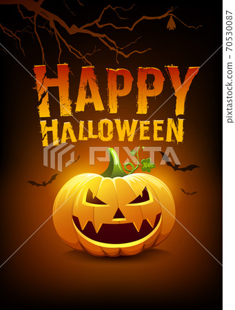 Happy Halloween message pumpkins and bat with... - Stock Illustration ...