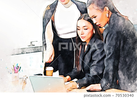 Abstract young secretary is checking the documents on the desk in office on watercolor illustration painting background. Abstract young secretary is checking the documents on the desk in office on watercolor illustration painting background. 70530340