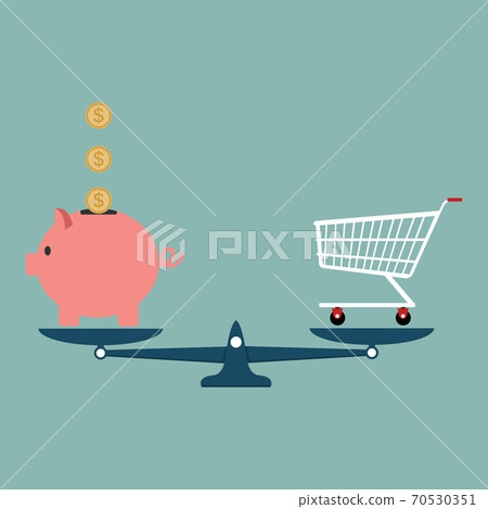 Piggy Bank with shopping cart on weighing machine Piggy Bank with shopping cart on weighing machine 70530351