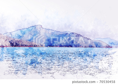 Abstract colorful shape on mountain and river landscape in Thailand on watercolor illustration painting background. 70530458