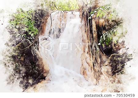 Abstract colorful shape on mountain and river landscape in Thailand on watercolor illustration painting background. 70530459