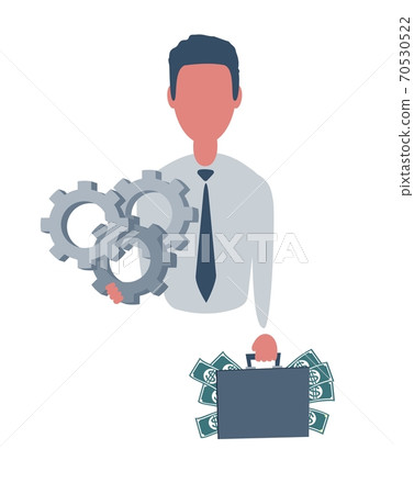 Businessman or clerk holding a suitcase with money and a gears. Male character in simple style, flat 70530522