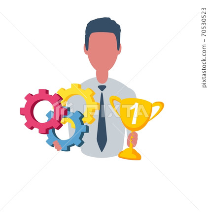 Businessman or clerk holding a winner cup and a gears. Male character in simple style, flat vector Businessman or clerk holding a winner cup and a gears. Male character in simple style, flat vector 70530523