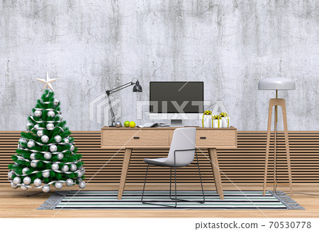 Christmas interior workspace with computer. 3d render Christmas interior workspace with computer. 3d render 70530778