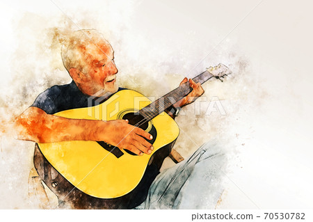 Abstract colorful elderly senior man sitting alone in home on watercolor illustration painting background. 70530782
