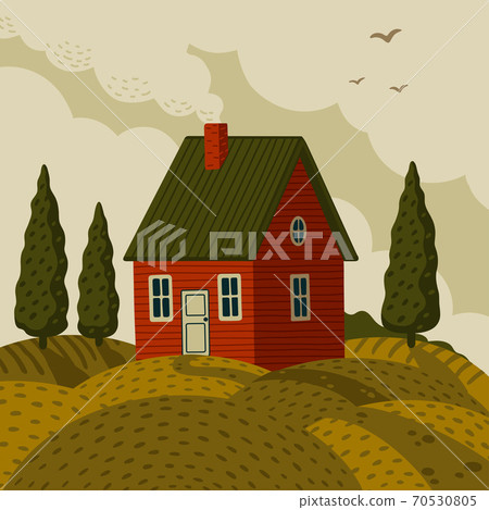 Red farm house. Rural landscape with Barn house... - Stock Illustration ...