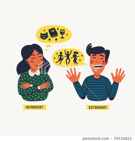 Extrovert and introvert. Extraversion and introversion concept - a young calm woman and talkative man 70530822
