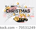 Merry Christmas and Happy New Year background. 2020 greeting card. Collage design. Holiday vector illustration with gold deer, gift box, snowflakes, stars and hanging balls. 70531249