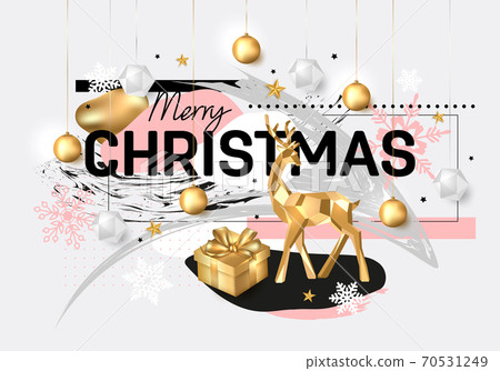 Merry Christmas and Happy New Year background. 2020 greeting card. Collage design. Holiday vector illustration with gold deer, gift box, snowflakes, stars and hanging balls. 70531249