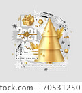 Merry Christmas and Happy New Year background. 2021 greeting card. Collage design with Christmas tree branches , gift box, balls, snowflake, serpentine gold 70531250