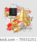 Merry Christmas and Happy New Year background. 2020 greeting card. Collage design with deer, gift box, cristmas tree, balls, snowflake. 70531251