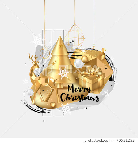 Merry Christmas and Happy New Year background. 2020 greeting card. Collage design with gold elements: deer, gift box, cristmas tree, balls Merry Christmas and Happy New Year background. 2020 greeting card. Collage design with gold elements: deer, gift box, cristmas tree, balls 70531252