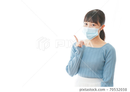 戴著面具的年輕女子指向一個點 戴著面具的年輕女子指向一個點 70532038