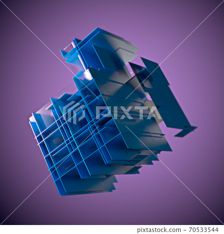 Abstract cube made of blue color plates on a purple background. 3d rendering. Innovative impressive technologies 70533544