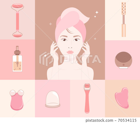 Woman face silhouette and cosmetics gadgets around Woman face silhouette and cosmetics gadgets around 70534115