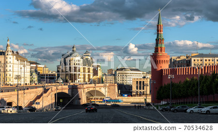 Moscow cityscape, view from Red Square to Bolshoy Moskvoretsky Bridge, Russia. Famous old Kremlin on right. 70534628
