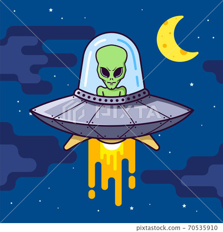 UFO with an alien in the night sky. flat vector illustration UFO with an alien in the night sky. flat vector illustration 70535910