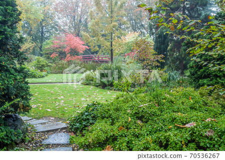 Awe landscape with red japanese bridge in Leverkusen 70536267