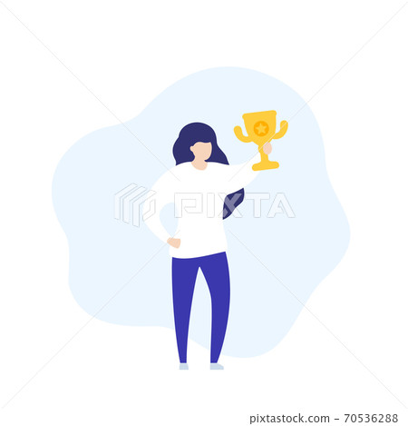 girl with trophy cup, award, vector character 70536288