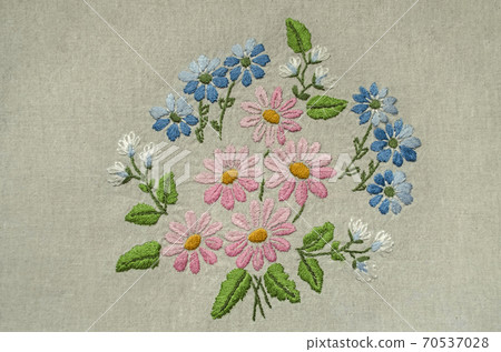 Embroidered small bouquet with pink, blue and white flowers with green leaves on cotton fabric Embroidered small bouquet with pink, blue and white flowers with green leaves on cotton fabric 70537028