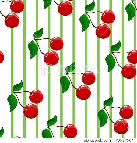 Childrens pattern. Seamless pattern with cheerful cherries and green stripes. Bright and memorable drawing. 70537504