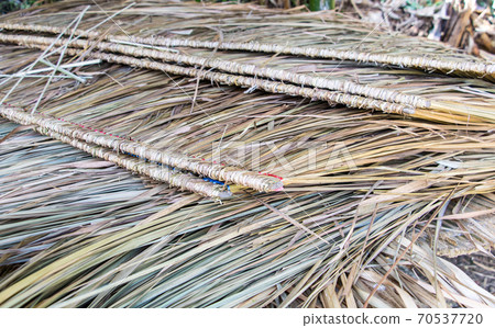 A pile of part of roof from reeds ready for construction, Thailand. A pile of part of roof from reeds ready for construction, Thailand. 70537720
