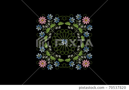 Pattern for embroidered square frame with bouquets of pink marguerite,violets and white flowers and round openwork ornament and violet in the center on black background Pattern for embroidered square frame with bouquets of pink marguerite,violets and white flowers and round openwork ornament and violet in the center on black background 70537820