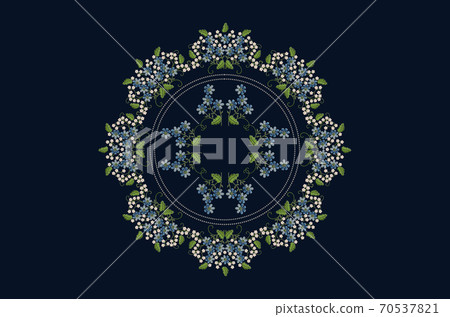 Embroidered frame with small white flowers and violets,leaves on twigs and round beaded frames on a dark blue background Embroidered frame with small white flowers and violets,leaves on twigs and round beaded frames on a dark blue background 70537821