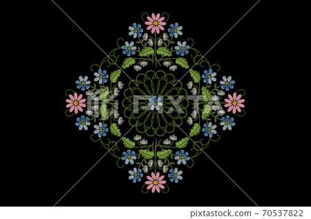 Diamond-shaped embroidery frames of bouquets with pink daisies, violets and white flowers with a round openwork ornament and a violet in the center Diamond-shaped embroidery frames of bouquets with pink daisies, violets and white flowers with a round openwork ornament and a violet in the center 70537822