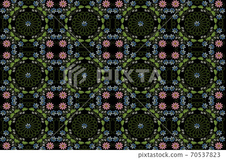 Black background with embroidered satin stitch of squares with bouquets of pink marguerite flowers, violets and white flowers on spun twigs with leaves 70537823