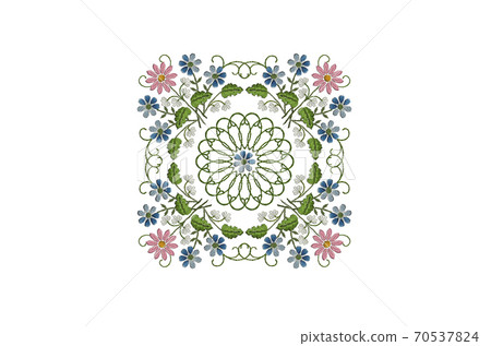 Pattern for an embroidered square frame with bouquets of pink daisies,violets and white flowers and a round openwork ornament with a violet in the center on a white background 70537824