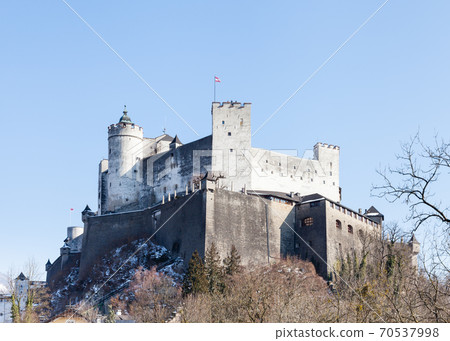 A close up mid winter view of Hohensalzburg Fortress, Salzburg, Austria.  The fortress sits atop the Festungsberg a small hill. 70537998