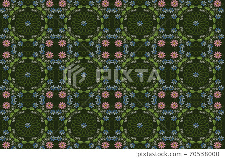Dark green background with embroidered satin stitch of squares with bouquets of pink marguerite flowers, violets and white flowers on spun twigs with leaves Dark green background with embroidered satin stitch of squares with bouquets of pink marguerite flowers, violets and white flowers on spun twigs with leaves 70538000