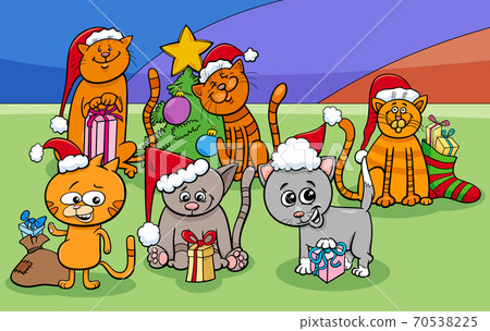cartoon cats characters group on Christmas time 70538225