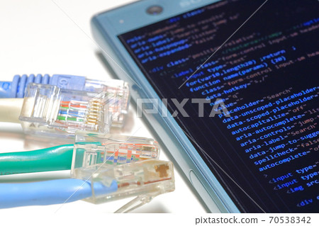 A smartphone that displays a 4-color LAN cable and a programming image A smartphone that displays a 4-color LAN cable and a programming image 70538342