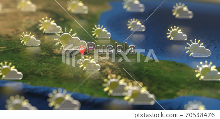 Partly cloudy weather icons near Puebla city on the map, weather forecast related 3D rendering Partly cloudy weather icons near Puebla city on the map, weather forecast related 3D rendering 70538476