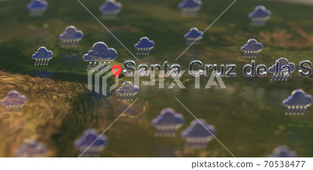 Santa cruz de la sierra city and rainy weather icon on the map, weather forecast related 3D rendering Santa cruz de la sierra city and rainy weather icon on the map, weather forecast related 3D rendering 70538477