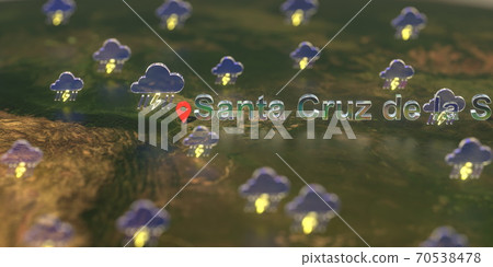 Santa cruz de la sierra city and stormy weather icon on the map, weather forecast related 3D rendering Santa cruz de la sierra city and stormy weather icon on the map, weather forecast related 3D rendering 70538478