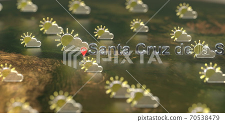 Santa cruz de la sierra city and partly cloudy weather icon on the map, weather forecast related 3D rendering Santa cruz de la sierra city and partly cloudy weather icon on the map, weather forecast related 3D rendering 70538479