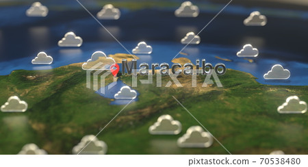 Cloudy weather icons near Maracaibo city on the map, weather forecast related 3D rendering Cloudy weather icons near Maracaibo city on the map, weather forecast related 3D rendering 70538480