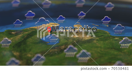 Rainy weather icons near Maracaibo city on the map, weather forecast related 3D rendering Rainy weather icons near Maracaibo city on the map, weather forecast related 3D rendering 70538481