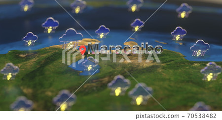 Stormy weather icons near Maracaibo city on the map, weather forecast related 3D rendering Stormy weather icons near Maracaibo city on the map, weather forecast related 3D rendering 70538482