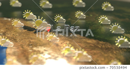 Partly cloudy weather icons near La Paz city on the map, weather forecast related 3D rendering Partly cloudy weather icons near La Paz city on the map, weather forecast related 3D rendering 70538494