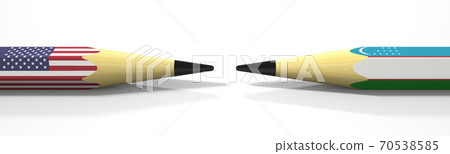 Pencils with flags of the USA and Uzbekistan. Political conflict concept. 3d rendering Pencils with flags of the USA and Uzbekistan. Political conflict concept. 3d rendering 70538585