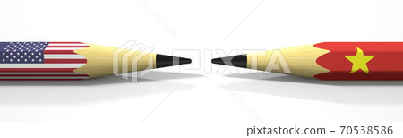 Two pencils with flags of the USA and Vietnam, political conflict related 3d rendering Two pencils with flags of the USA and Vietnam, political conflict related 3d rendering 70538586