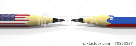 Opposing pencils with flags of the USA and Slovenia. Conflict concept, 3d rendering Opposing pencils with flags of the USA and Slovenia. Conflict concept, 3d rendering 70538587